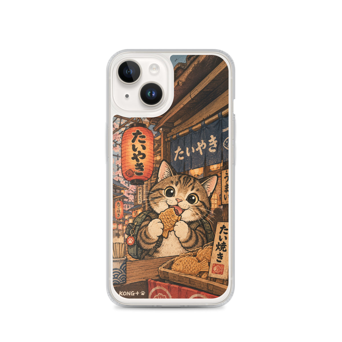 KONG+ Japanese taiyaki cat phone case with tabby cat at a Japanese street food stall Japanese lanterns and vintage ukiyo-e artwork.