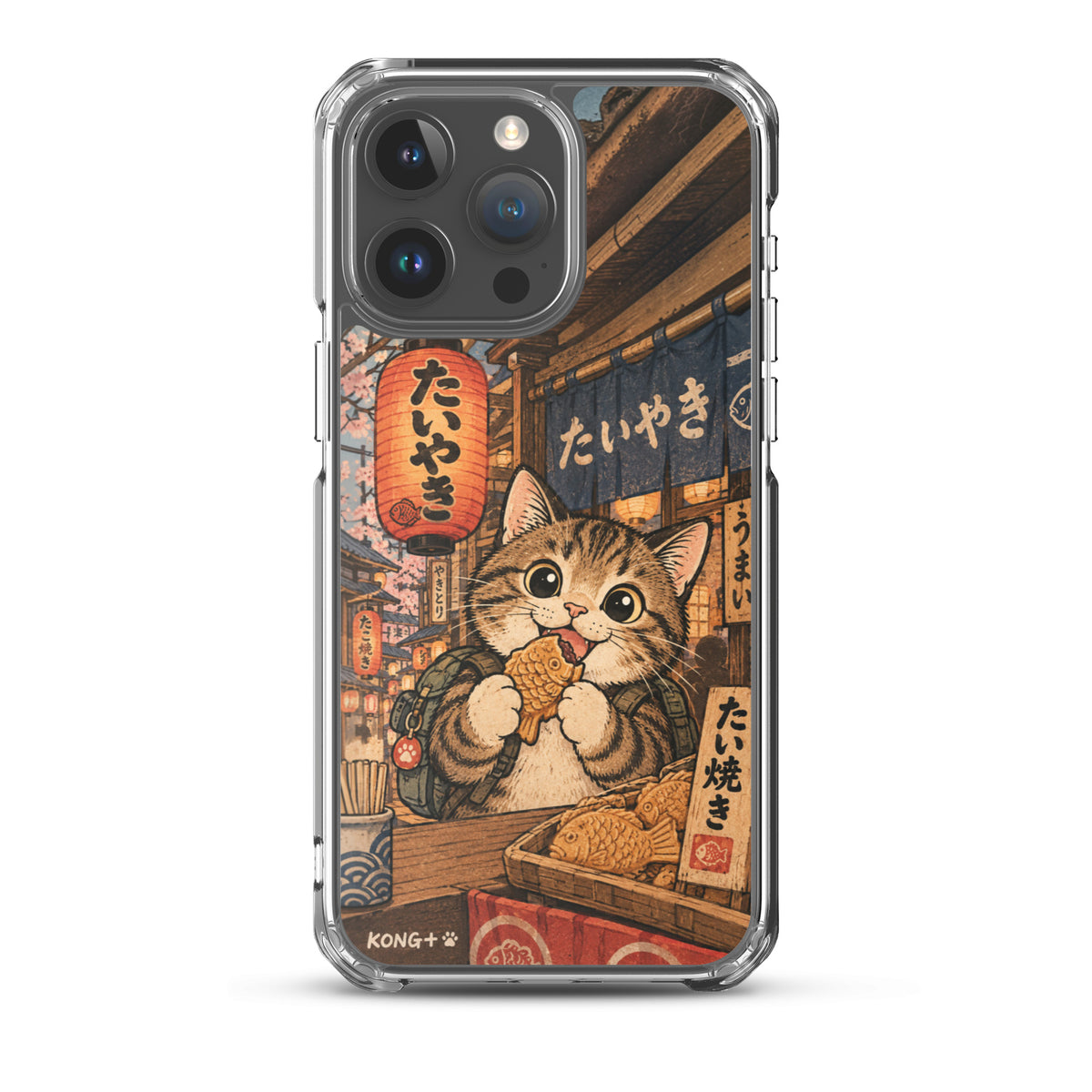 KONG+ Japanese taiyaki cat phone case with tabby cat at a Japanese street food stall Japanese lanterns and vintage ukiyo-e artwork.