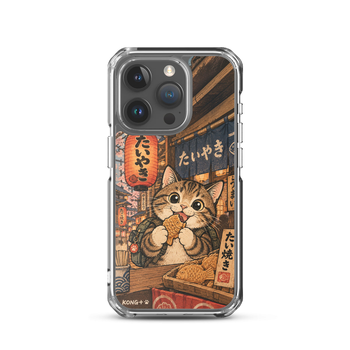 KONG+ Japanese taiyaki cat phone case with tabby cat at a Japanese street food stall Japanese lanterns and vintage ukiyo-e artwork.