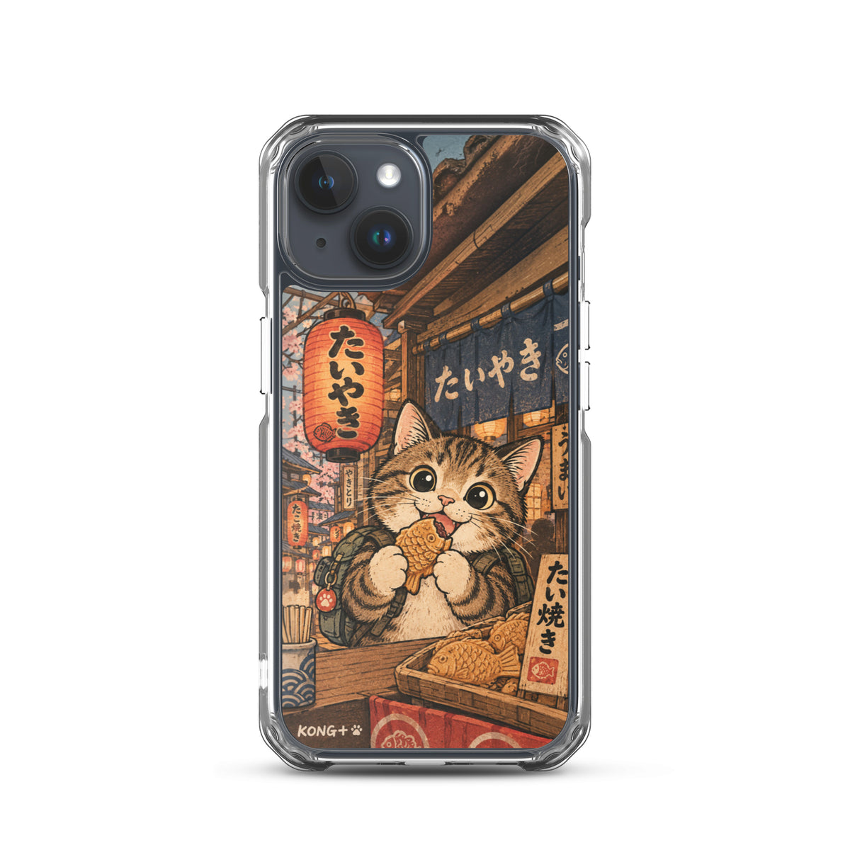 KONG+ Japanese taiyaki cat phone case with tabby cat at a Japanese street food stall Japanese lanterns and vintage ukiyo-e artwork.