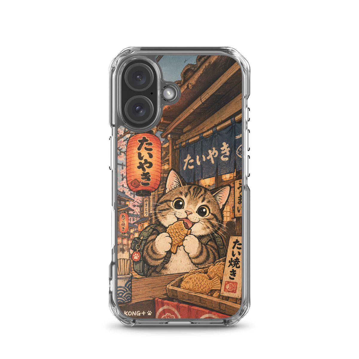 KONG+ Japanese taiyaki cat phone case with tabby cat at a Japanese street food stall Japanese lanterns and vintage ukiyo-e artwork.