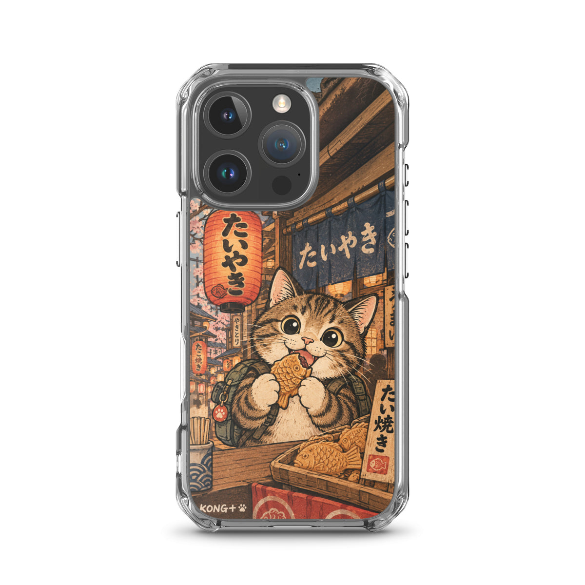 KONG+ Japanese taiyaki cat phone case with tabby cat at a Japanese street food stall Japanese lanterns and vintage ukiyo-e artwork.