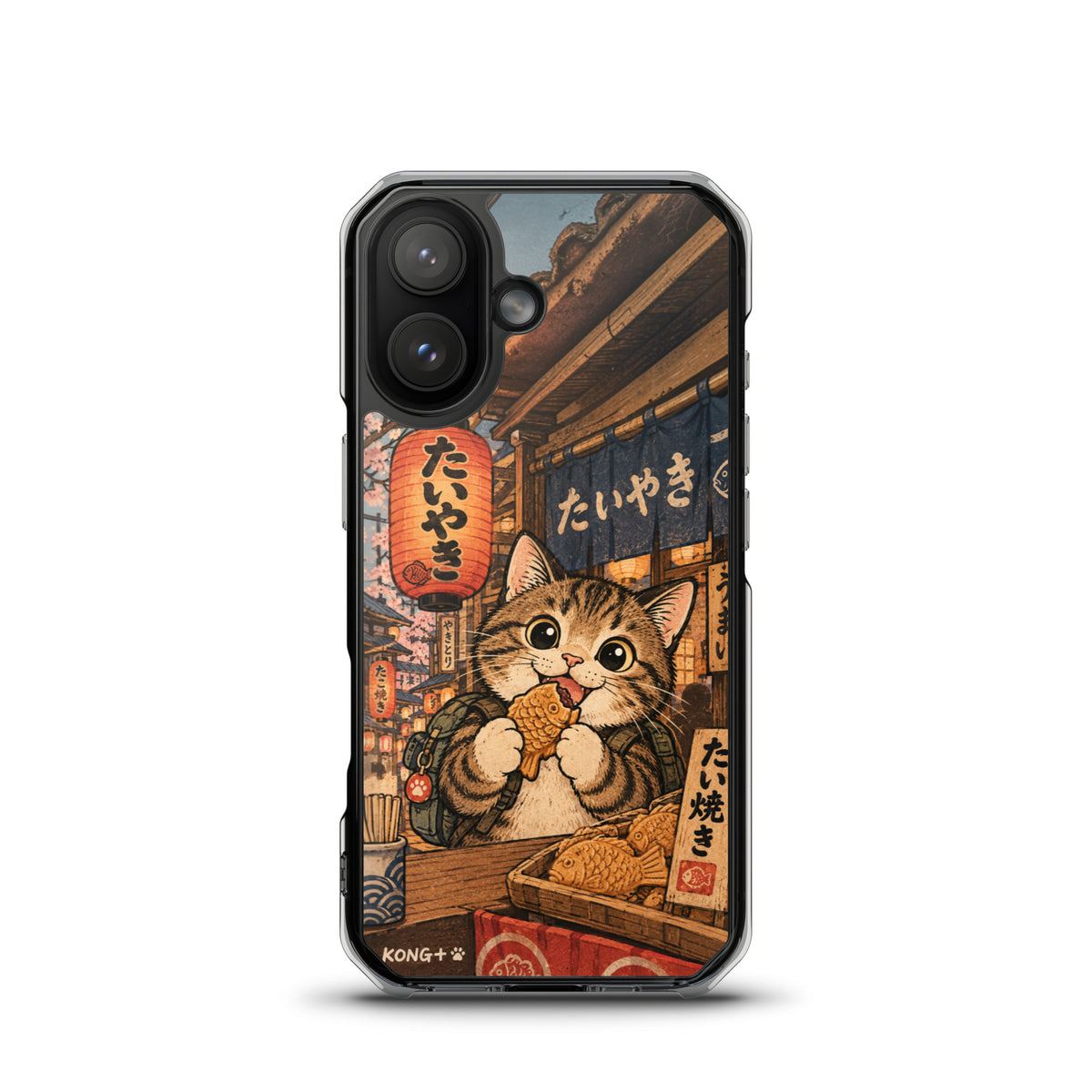 KONG+ Japanese taiyaki cat phone case with tabby cat at a Japanese street food stall Japanese lanterns and vintage ukiyo-e artwork.