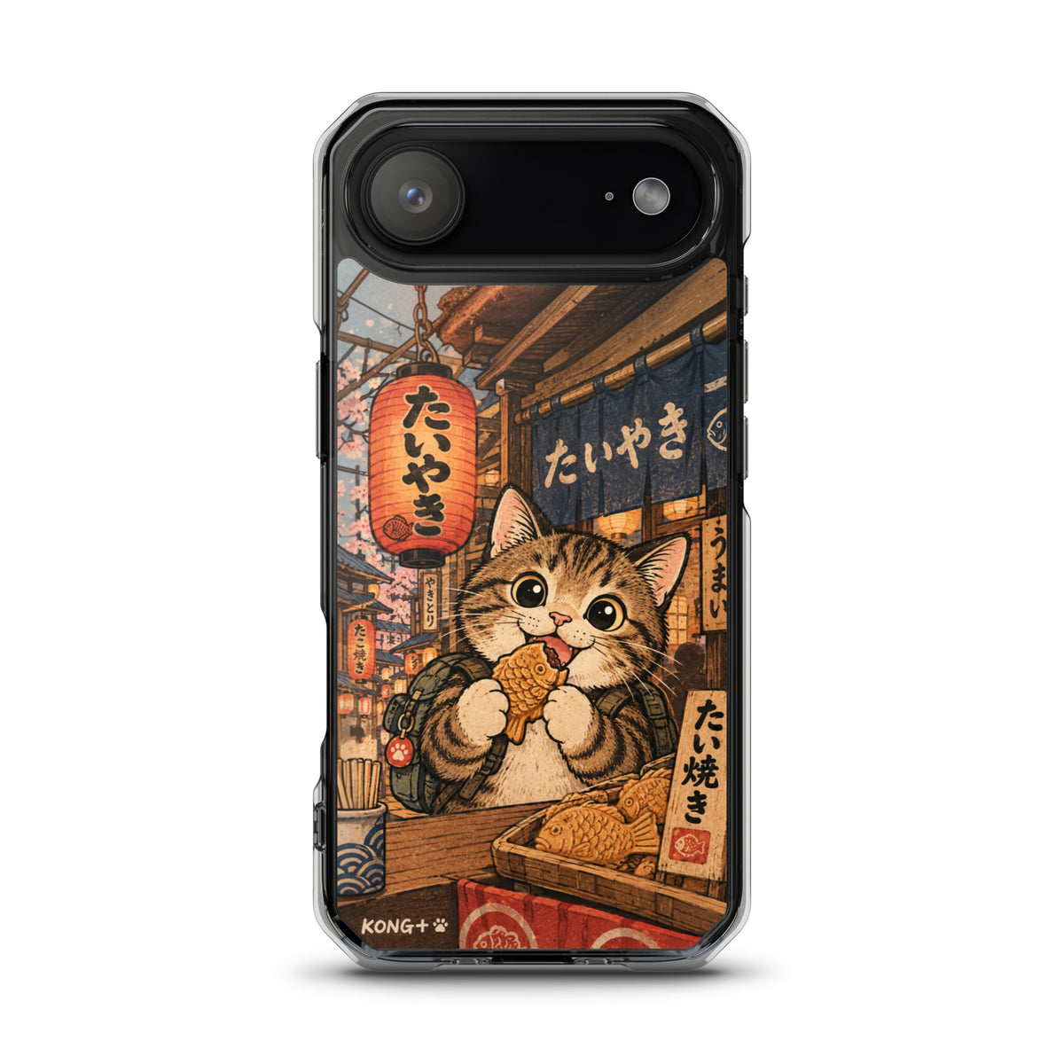 KONG+ Japanese taiyaki cat phone case with tabby cat at a Japanese street food stall Japanese lanterns and vintage ukiyo-e artwork.