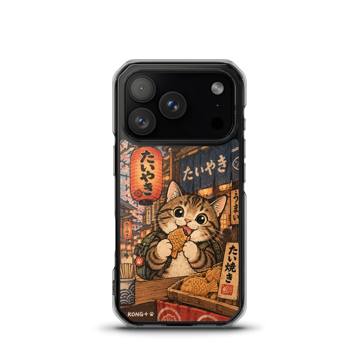KONG+ Japanese taiyaki cat phone case with tabby cat at a Japanese street food stall Japanese lanterns and vintage ukiyo-e artwork.