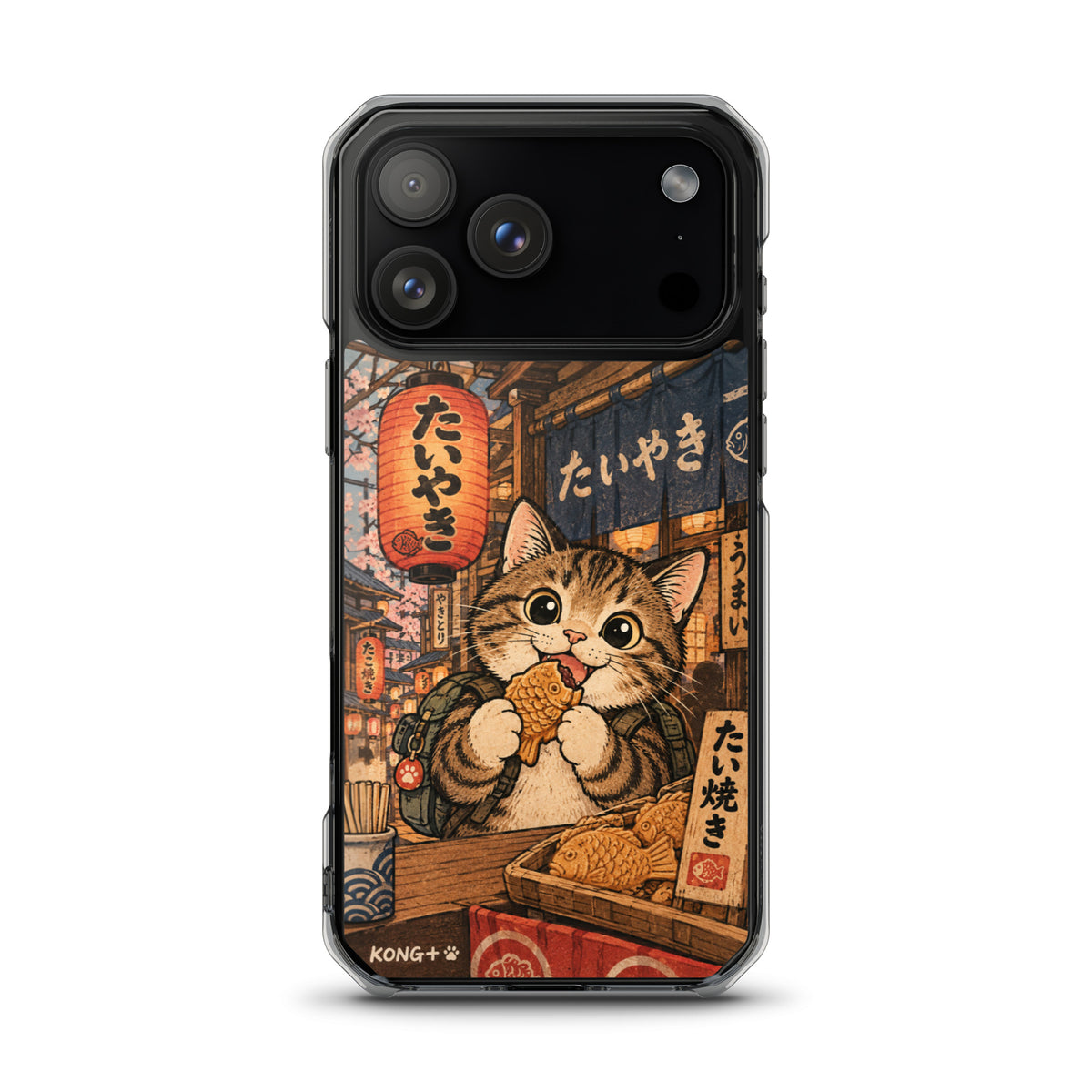 KONG+ Japanese taiyaki cat phone case with tabby cat at a Japanese street food stall Japanese lanterns and vintage ukiyo-e artwork.