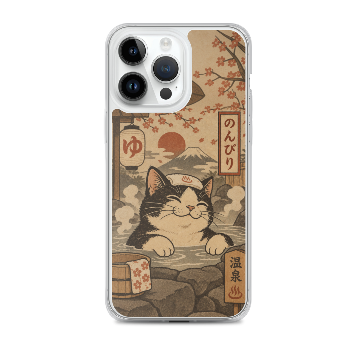 KONG+ Japanese onsen cat phone case featuring a cute cat relaxing in a traditional Japanese hot spring with ukiyo-e inspired artwork