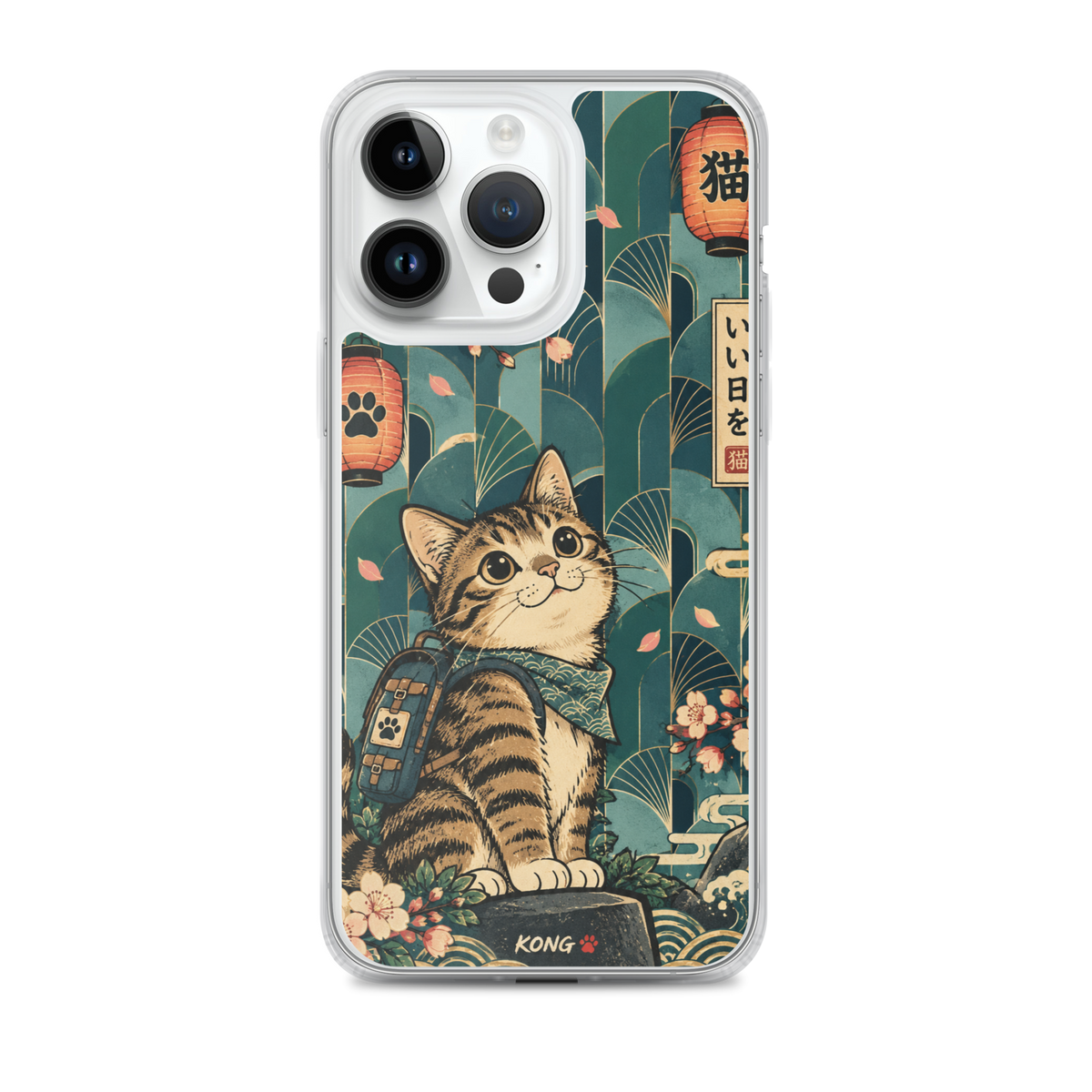 KONG+ Japanese-inspired tabby cat phone case design with teal fan patterns, cherry blossoms, Japanese lanterns and vintage ukiyo-e artwork.