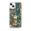 KONG+ Japanese-inspired tabby cat phone case design with teal fan patterns, cherry blossoms, Japanese lanterns and vintage ukiyo-e artwork.