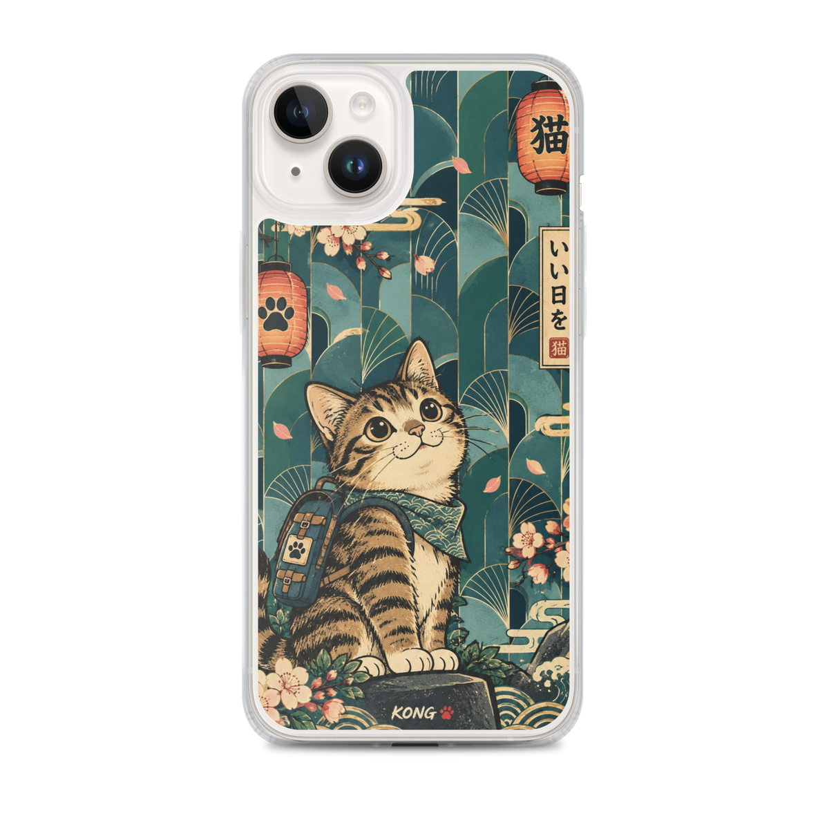 KONG+ Japanese-inspired tabby cat phone case design with teal fan patterns, cherry blossoms, Japanese lanterns and vintage ukiyo-e artwork.