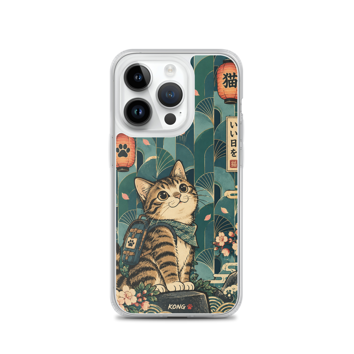 KONG+ Japanese-inspired tabby cat phone case design with teal fan patterns, cherry blossoms, Japanese lanterns and vintage ukiyo-e artwork.