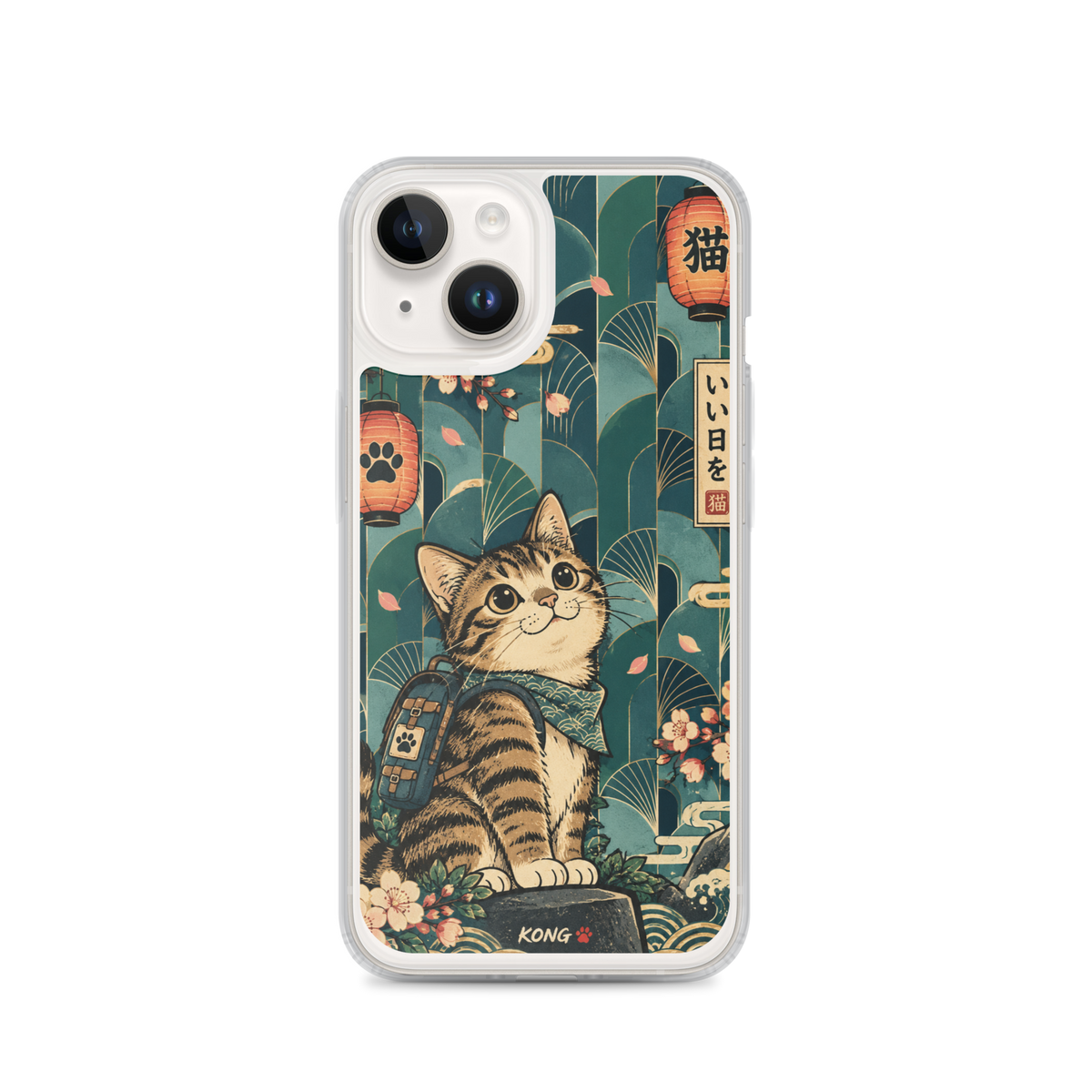 KONG+ Japanese-inspired tabby cat phone case design with teal fan patterns, cherry blossoms, Japanese lanterns and vintage ukiyo-e artwork.