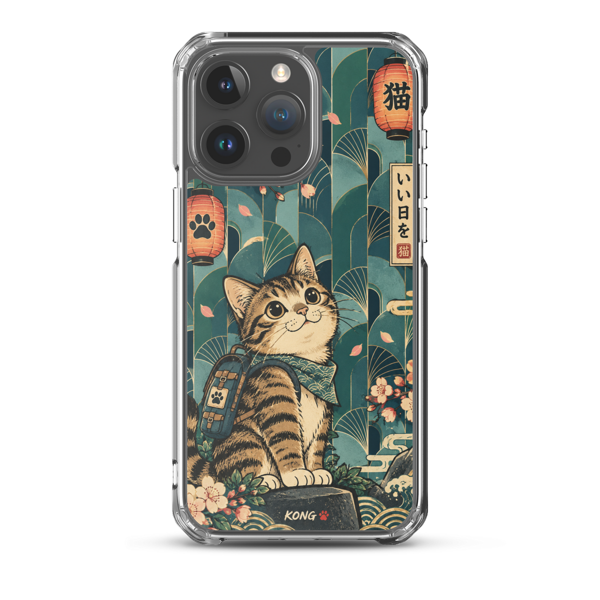 KONG+ Japanese-inspired tabby cat phone case design with teal fan patterns, cherry blossoms, Japanese lanterns and vintage ukiyo-e artwork.