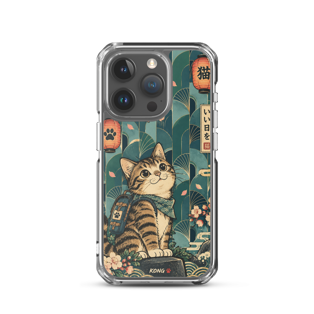 KONG+ Japanese-inspired tabby cat phone case design with teal fan patterns, cherry blossoms, Japanese lanterns and vintage ukiyo-e artwork.