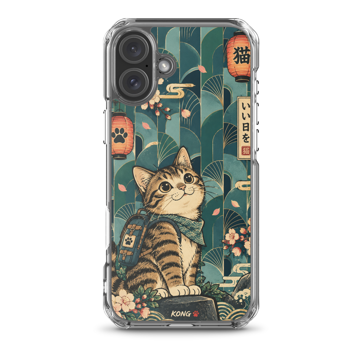 KONG+ Japanese-inspired tabby cat phone case design with teal fan patterns, cherry blossoms, Japanese lanterns and vintage ukiyo-e artwork.
