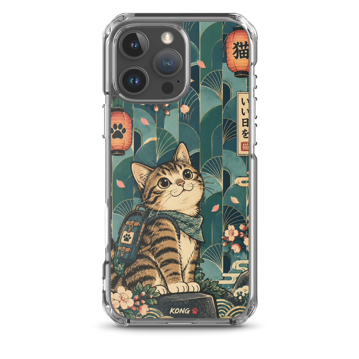 KONG+ Japanese-inspired tabby cat phone case design with teal fan patterns, cherry blossoms, Japanese lanterns and vintage ukiyo-e artwork.