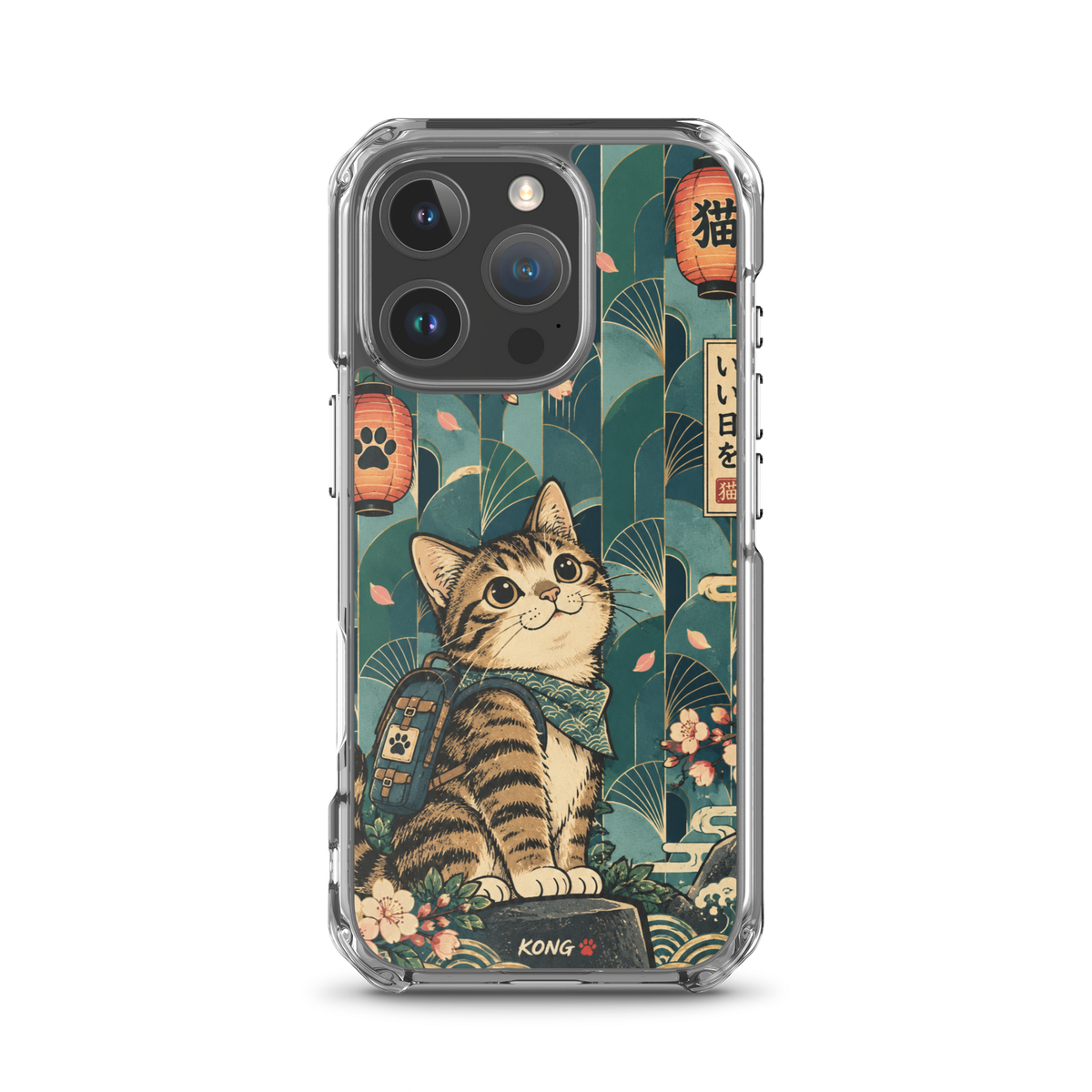 KONG+ Japanese-inspired tabby cat phone case design with teal fan patterns, cherry blossoms, Japanese lanterns and vintage ukiyo-e artwork.