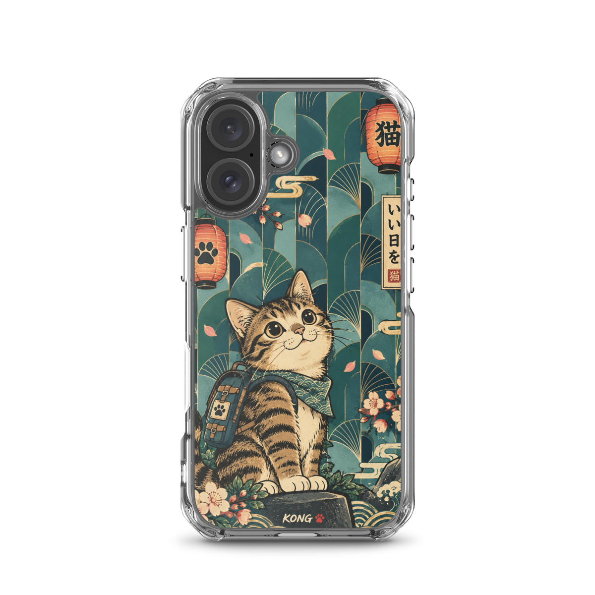 KONG+ Japanese-inspired tabby cat phone case design with teal fan patterns, cherry blossoms, Japanese lanterns and vintage ukiyo-e artwork.