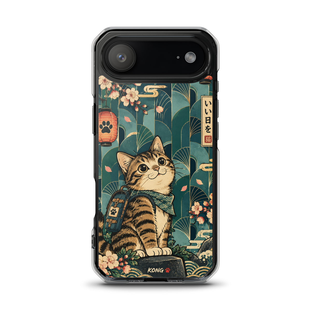 KONG+ Japanese-inspired tabby cat phone case design with teal fan patterns, cherry blossoms, Japanese lanterns and vintage ukiyo-e artwork.