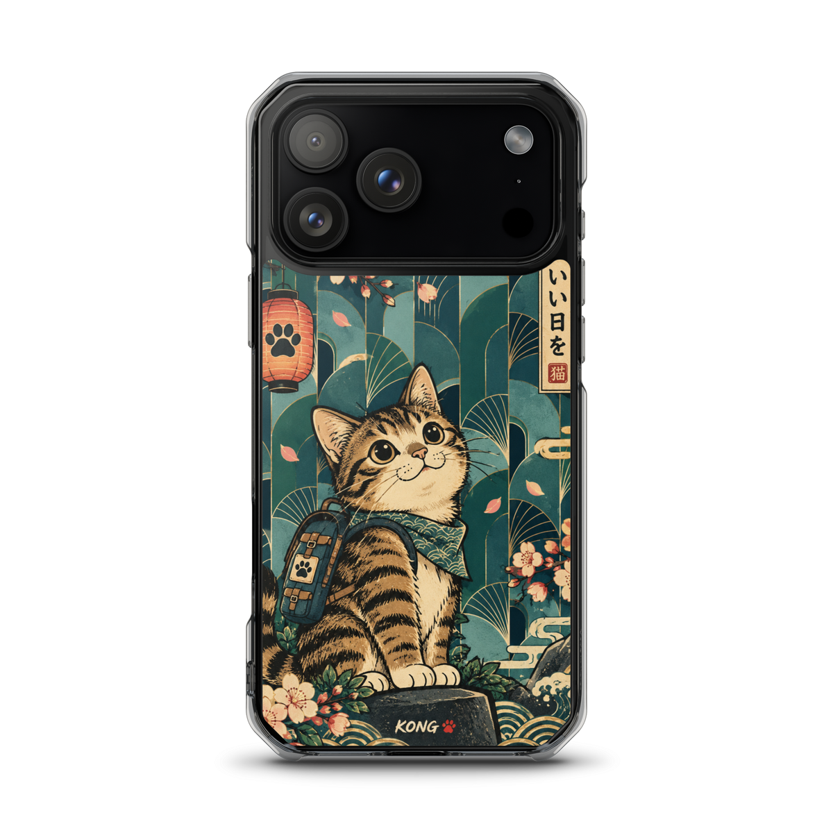 KONG+ Japanese-inspired tabby cat phone case design with teal fan patterns, cherry blossoms, Japanese lanterns and vintage ukiyo-e artwork.