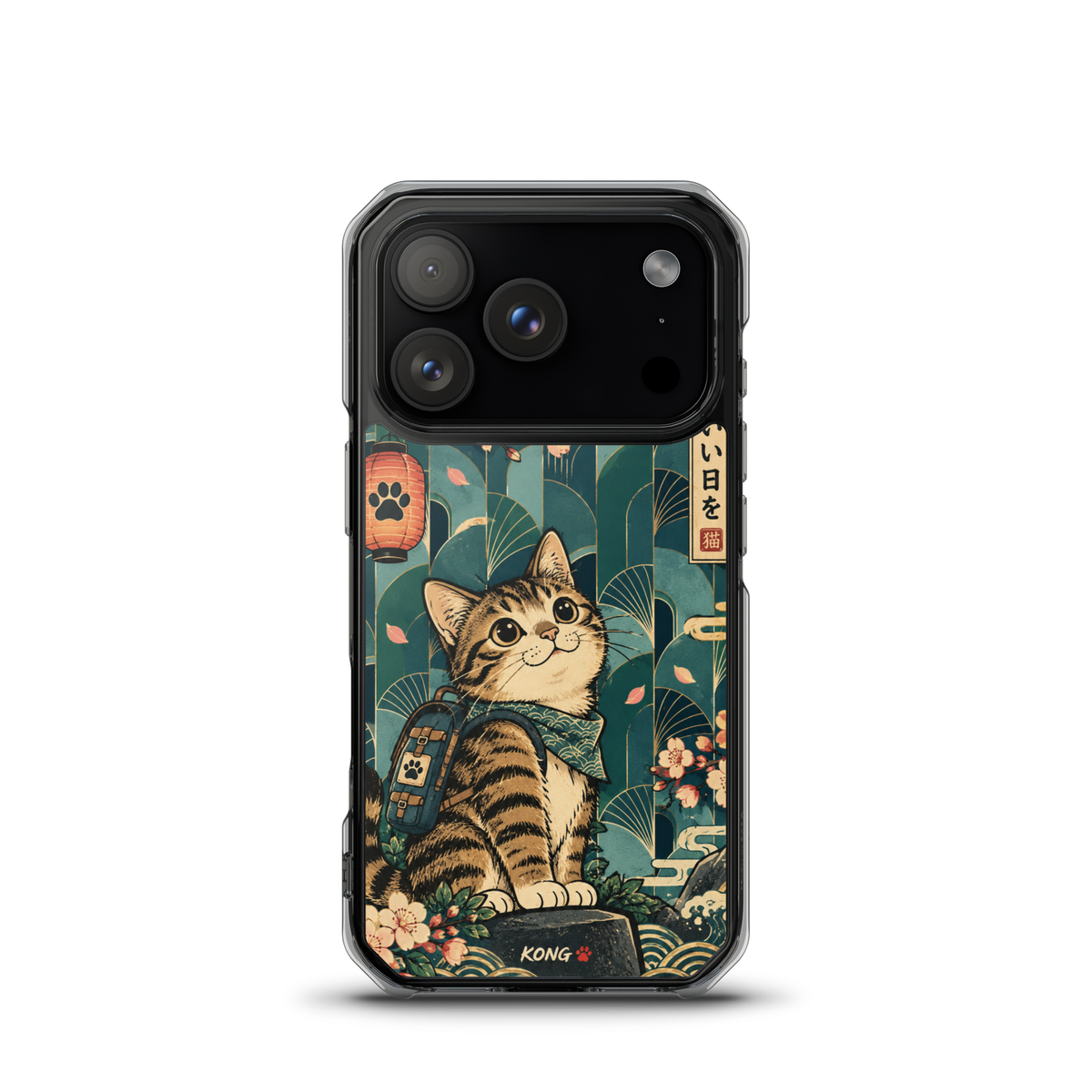KONG+ Japanese-inspired tabby cat phone case design with teal fan patterns, cherry blossoms, Japanese lanterns and vintage ukiyo-e artwork.