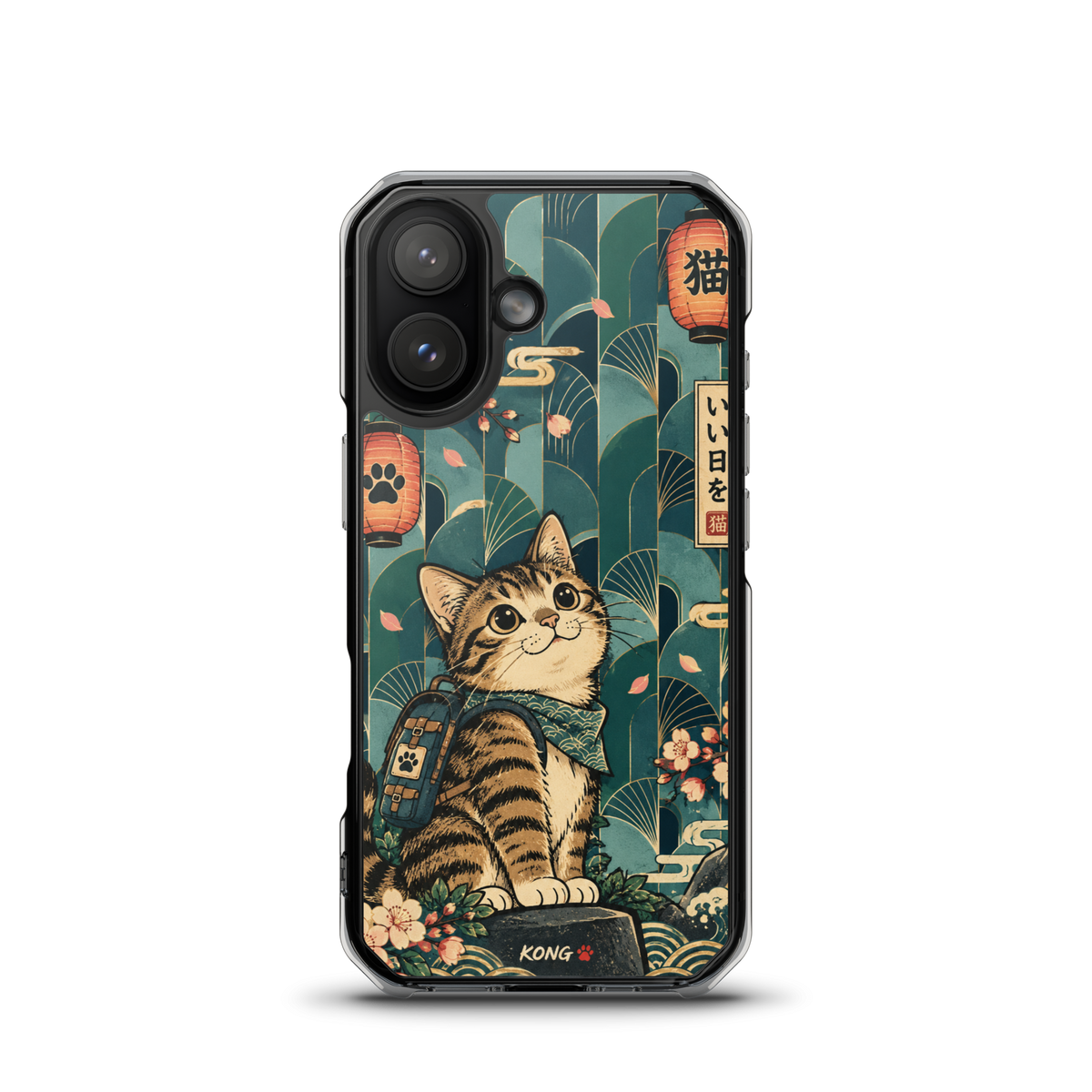 KONG+ Japanese-inspired tabby cat phone case design with teal fan patterns, cherry blossoms, Japanese lanterns and vintage ukiyo-e artwork.