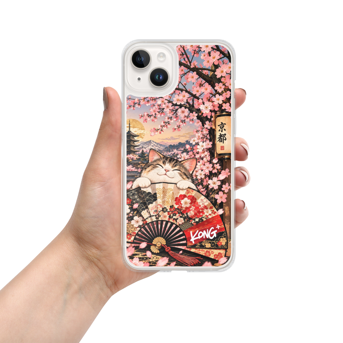 Japanese cherry blossom cat phone case with a traditional fan, Mount Fuji, pagoda, and Kyoto-inspired artwork.