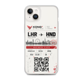 KONG+ Tokyo Boarding Pass MagSafe iPhone case featuring a London Heathrow to Tokyo Haneda design, shown from multiple angles with clear protective edges, raised camera protection and wireless charging compatibility.