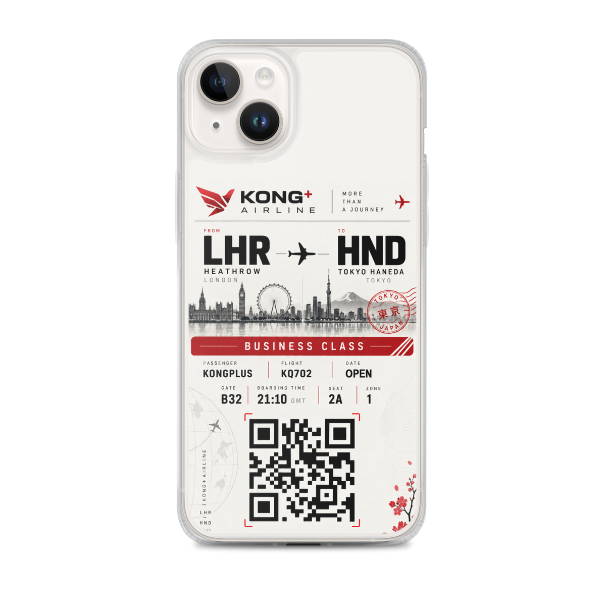KONG+ Tokyo Boarding Pass MagSafe iPhone case featuring a London Heathrow to Tokyo Haneda design, shown from multiple angles with clear protective edges, raised camera protection and wireless charging compatibility.