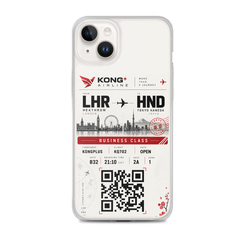 KONG+ Tokyo Boarding Pass MagSafe iPhone case featuring a London Heathrow to Tokyo Haneda design, shown from multiple angles with clear protective edges, raised camera protection and wireless charging compatibility.