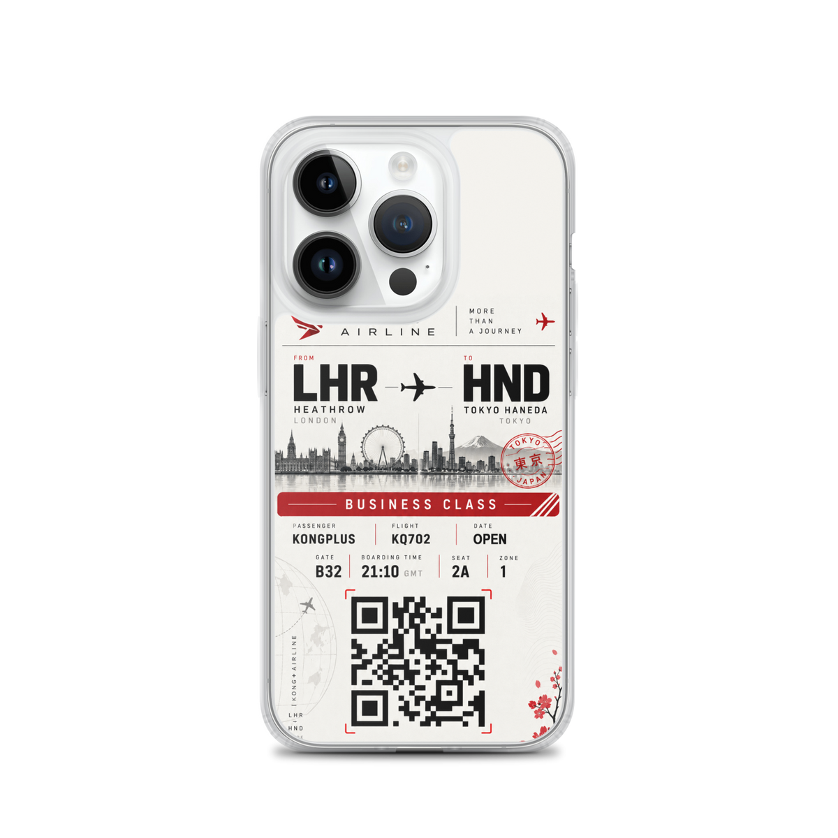KONG+ Tokyo Boarding Pass MagSafe iPhone case featuring a London Heathrow to Tokyo Haneda design, shown from multiple angles with clear protective edges, raised camera protection and wireless charging compatibility.