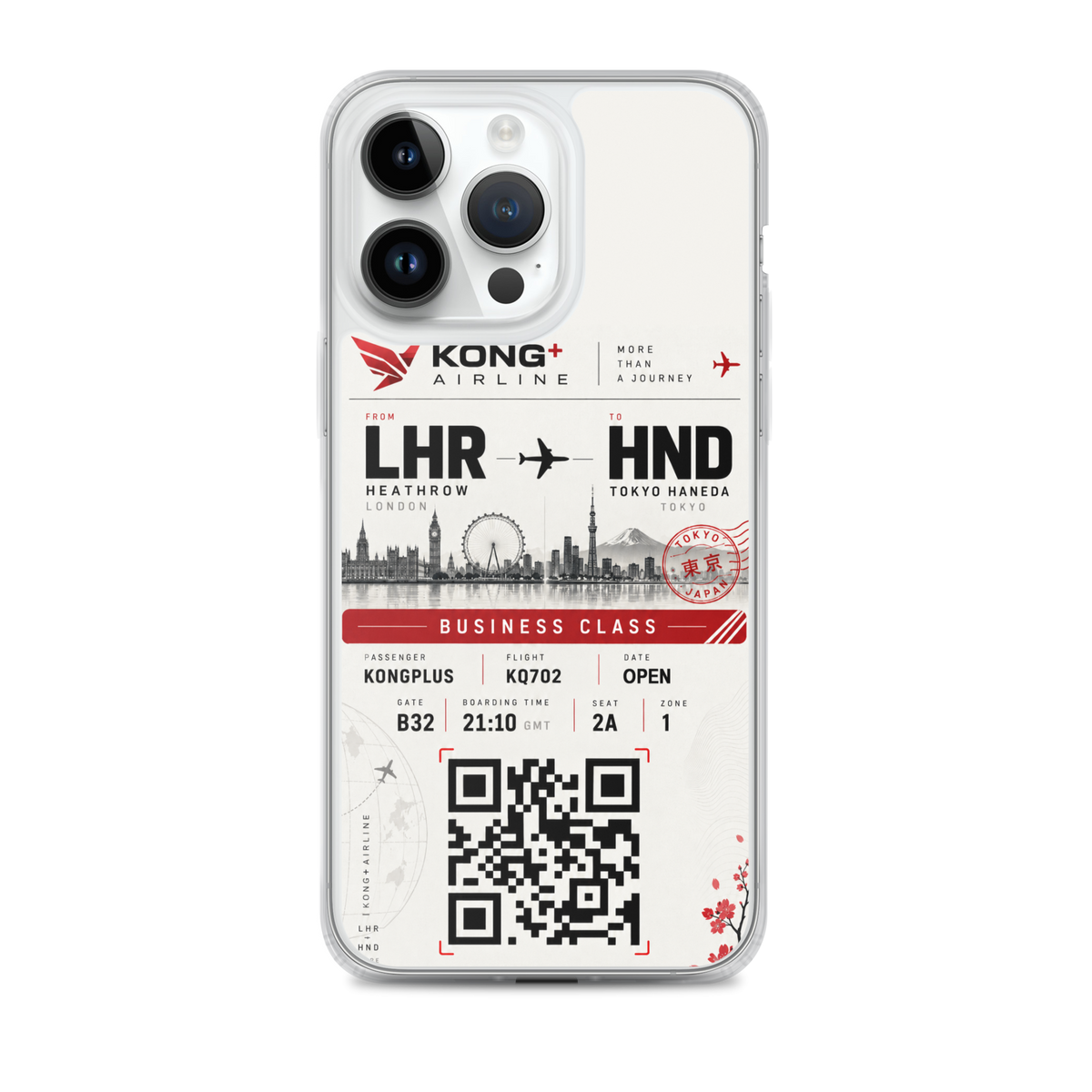 KONG+ Tokyo Boarding Pass MagSafe iPhone case featuring a London Heathrow to Tokyo Haneda design, shown from multiple angles with clear protective edges, raised camera protection and wireless charging compatibility.