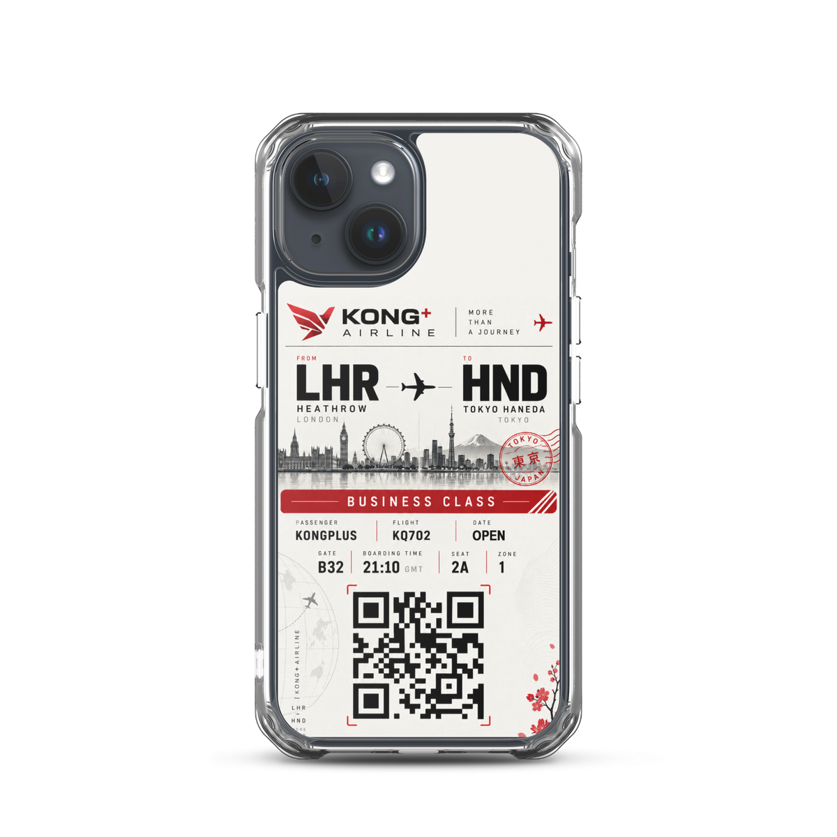 KONG+ Tokyo Boarding Pass MagSafe iPhone case featuring a London Heathrow to Tokyo Haneda design, shown from multiple angles with clear protective edges, raised camera protection and wireless charging compatibility.