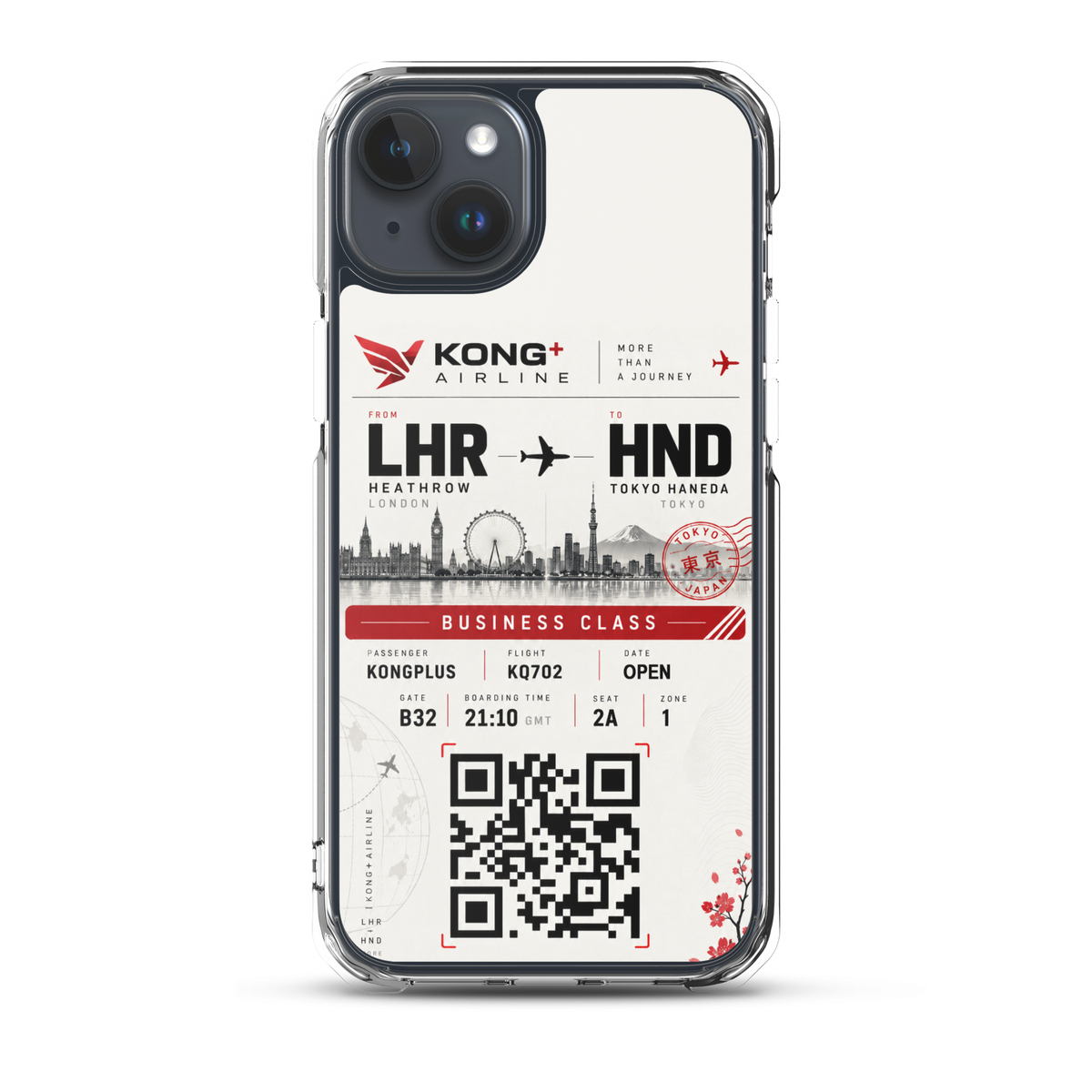 KONG+ Tokyo Boarding Pass MagSafe iPhone case featuring a London Heathrow to Tokyo Haneda design, shown from multiple angles with clear protective edges, raised camera protection and wireless charging compatibility.