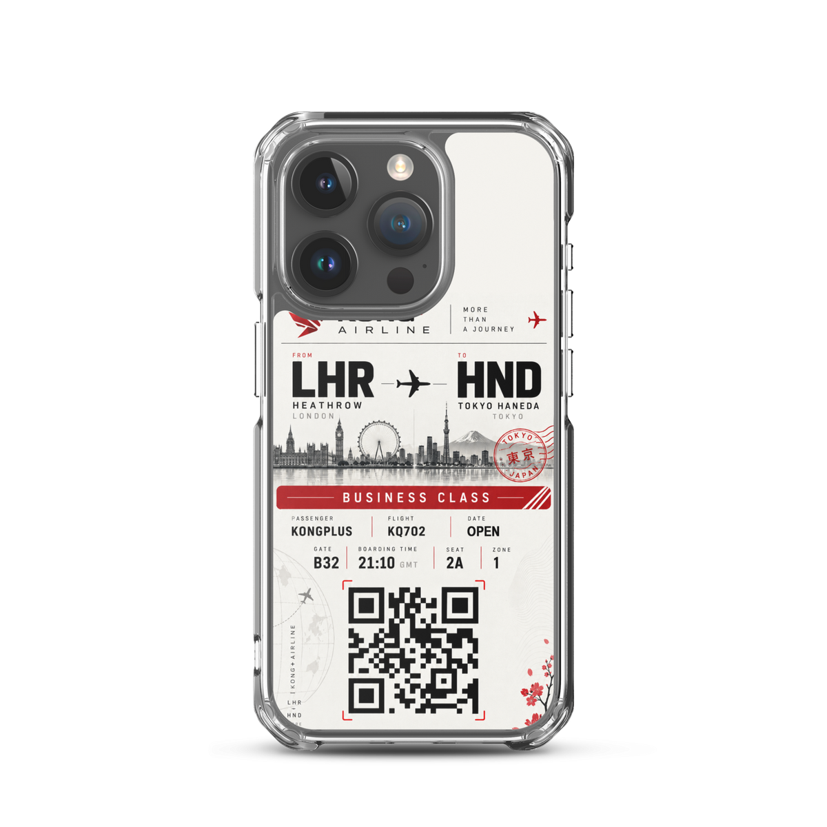 KONG+ Tokyo Boarding Pass MagSafe iPhone case featuring a London Heathrow to Tokyo Haneda design, shown from multiple angles with clear protective edges, raised camera protection and wireless charging compatibility.