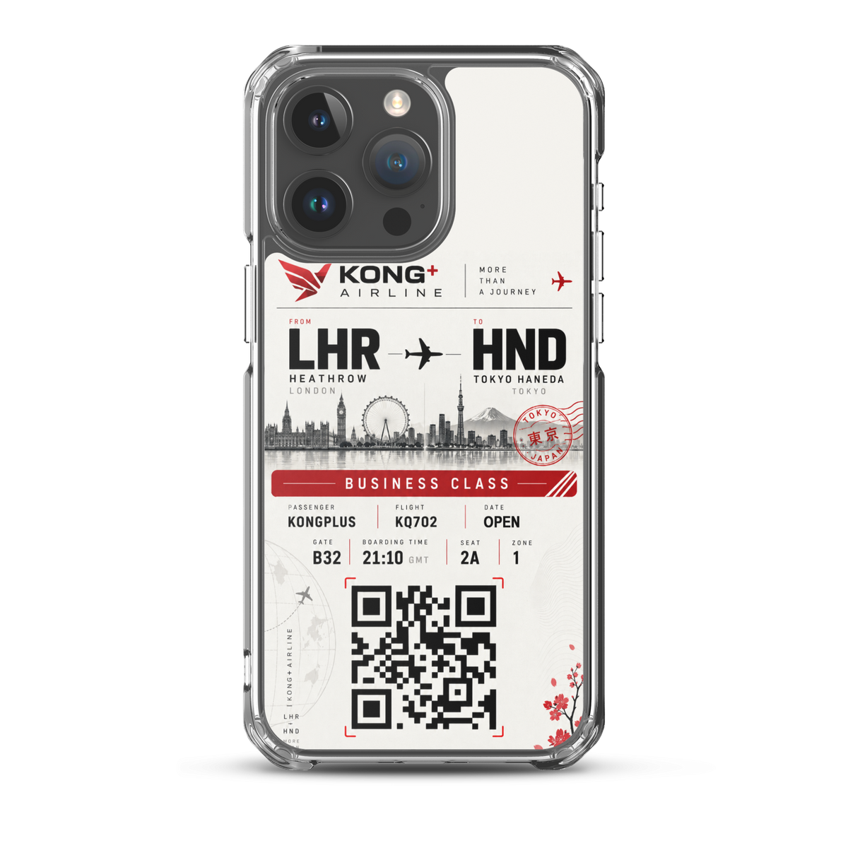 KONG+ Tokyo Boarding Pass MagSafe iPhone case featuring a London Heathrow to Tokyo Haneda design, shown from multiple angles with clear protective edges, raised camera protection and wireless charging compatibility.