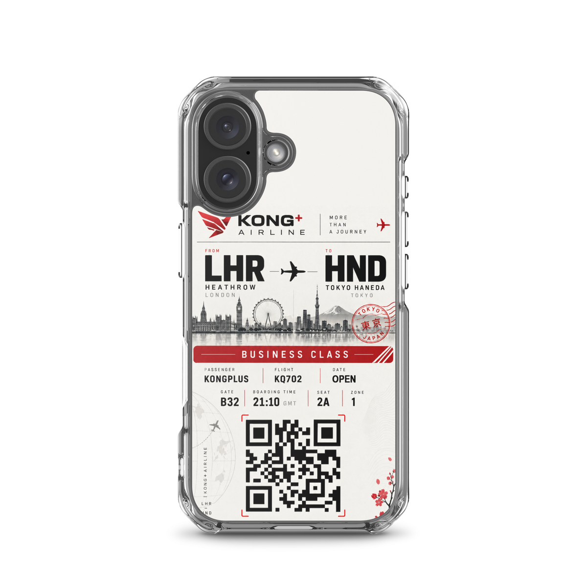 KONG+ Tokyo Boarding Pass MagSafe iPhone case featuring a London Heathrow to Tokyo Haneda design, shown from multiple angles with clear protective edges, raised camera protection and wireless charging compatibility.