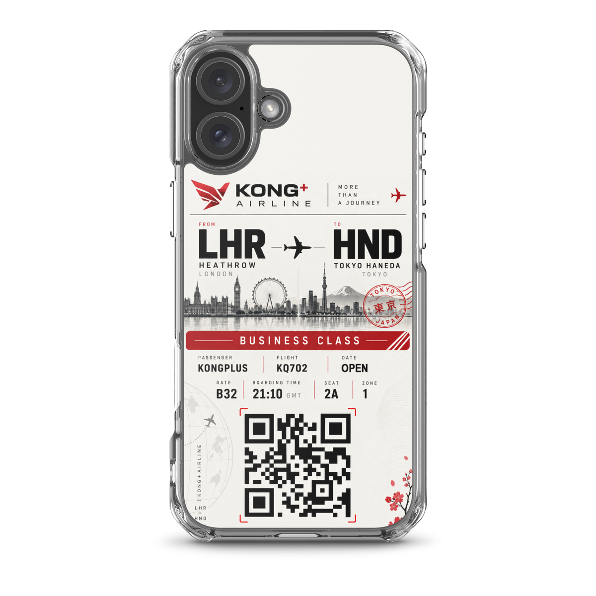 KONG+ Tokyo Boarding Pass MagSafe iPhone case featuring a London Heathrow to Tokyo Haneda design, shown from multiple angles with clear protective edges, raised camera protection and wireless charging compatibility.