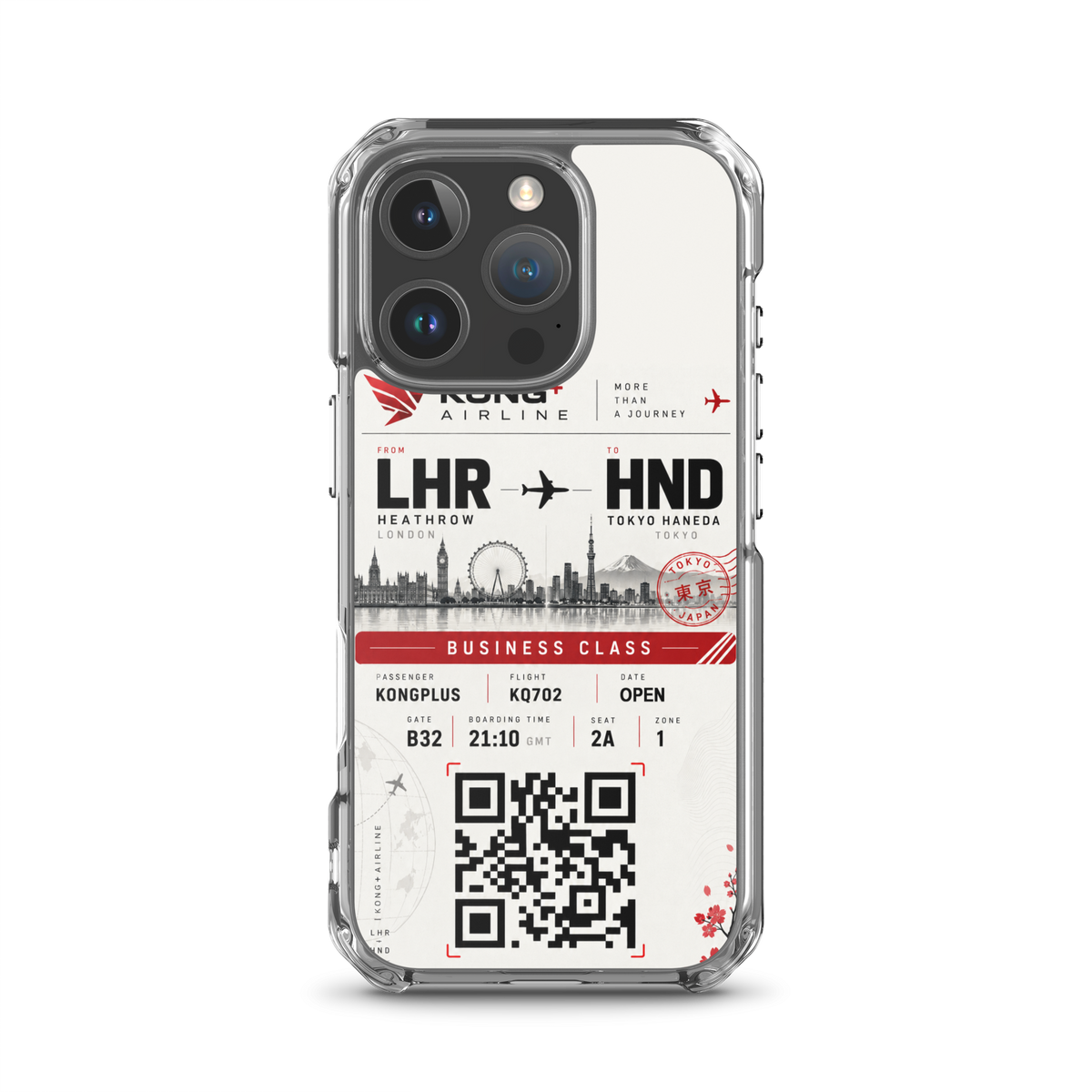 KONG+ Tokyo Boarding Pass MagSafe iPhone case featuring a London Heathrow to Tokyo Haneda design, shown from multiple angles with clear protective edges, raised camera protection and wireless charging compatibility.