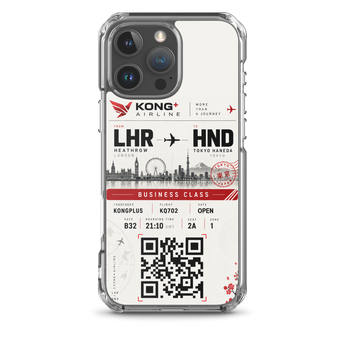 KONG+ Tokyo Boarding Pass MagSafe iPhone case featuring a London Heathrow to Tokyo Haneda design, shown from multiple angles with clear protective edges, raised camera protection and wireless charging compatibility.