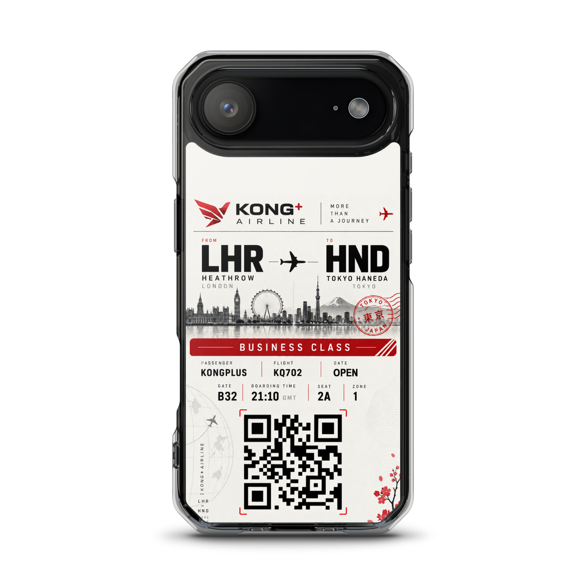 KONG+ Tokyo Boarding Pass MagSafe iPhone case featuring a London Heathrow to Tokyo Haneda design, shown from multiple angles with clear protective edges, raised camera protection and wireless charging compatibility.