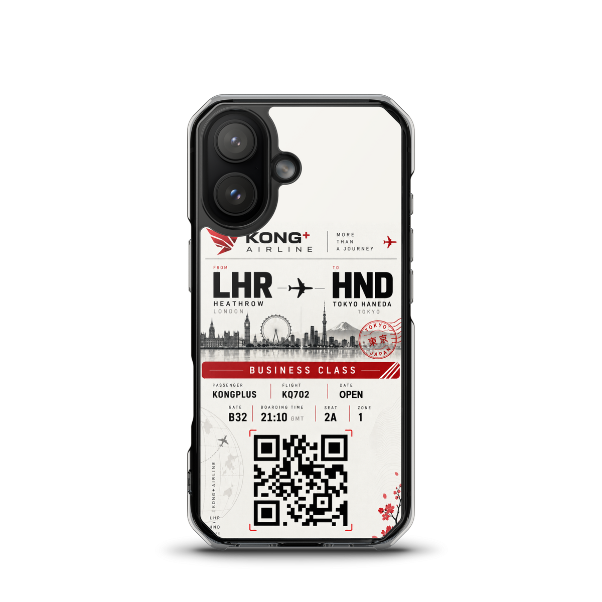 KONG+ Tokyo Boarding Pass MagSafe iPhone case featuring a London Heathrow to Tokyo Haneda design, shown from multiple angles with clear protective edges, raised camera protection and wireless charging compatibility.