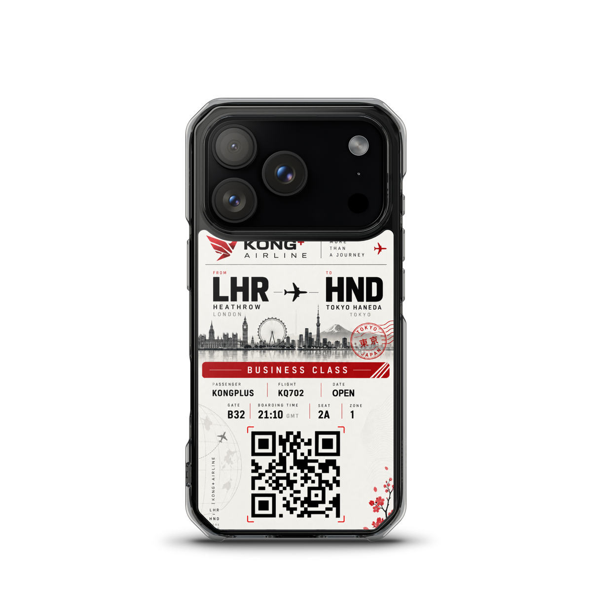 KONG+ Tokyo Boarding Pass MagSafe iPhone case featuring a London Heathrow to Tokyo Haneda design, shown from multiple angles with clear protective edges, raised camera protection and wireless charging compatibility.