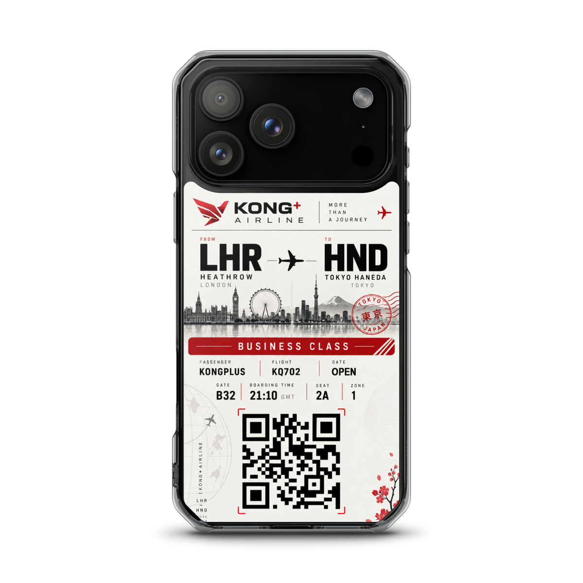 KONG+ Tokyo Boarding Pass MagSafe iPhone case featuring a London Heathrow to Tokyo Haneda design, shown from multiple angles with clear protective edges, raised camera protection and wireless charging compatibility.
