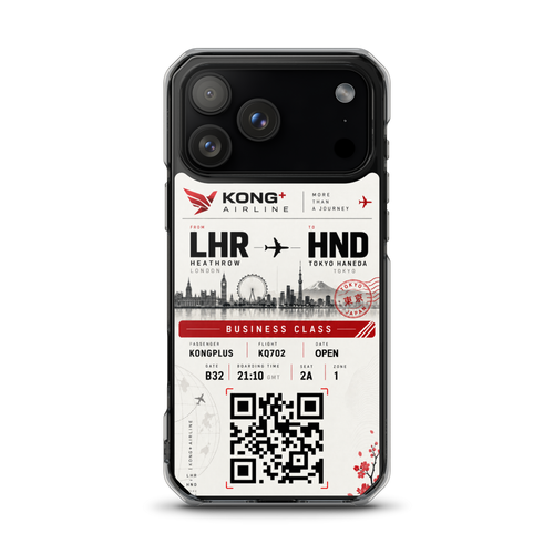 KONG+ Tokyo Boarding Pass MagSafe iPhone case featuring a London Heathrow to Tokyo Haneda design, shown from multiple angles with clear protective edges, raised camera protection and wireless charging compatibility.