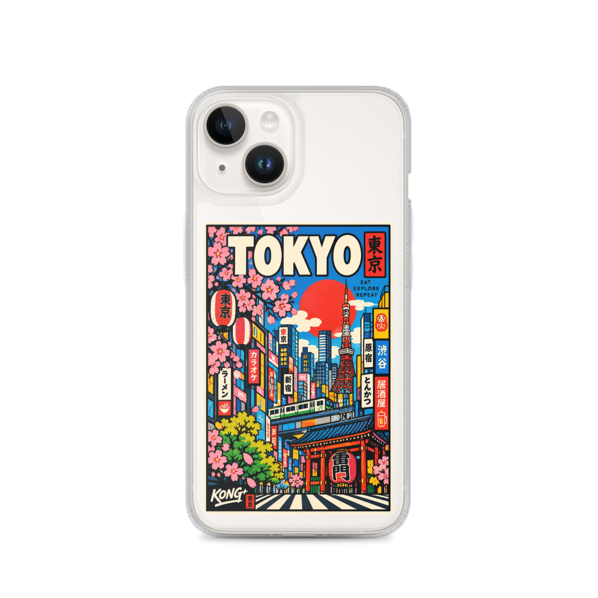 KONG+ Tokyo Japanese city pop art design on a clear iPhone case, featuring Tokyo Tower, cherry blossoms, colourful city buildings and traditional Japanese architecture.