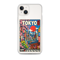 KONG+ Tokyo Japanese city pop art design on a clear iPhone case, featuring Tokyo Tower, cherry blossoms, colourful city buildings and traditional Japanese architecture.