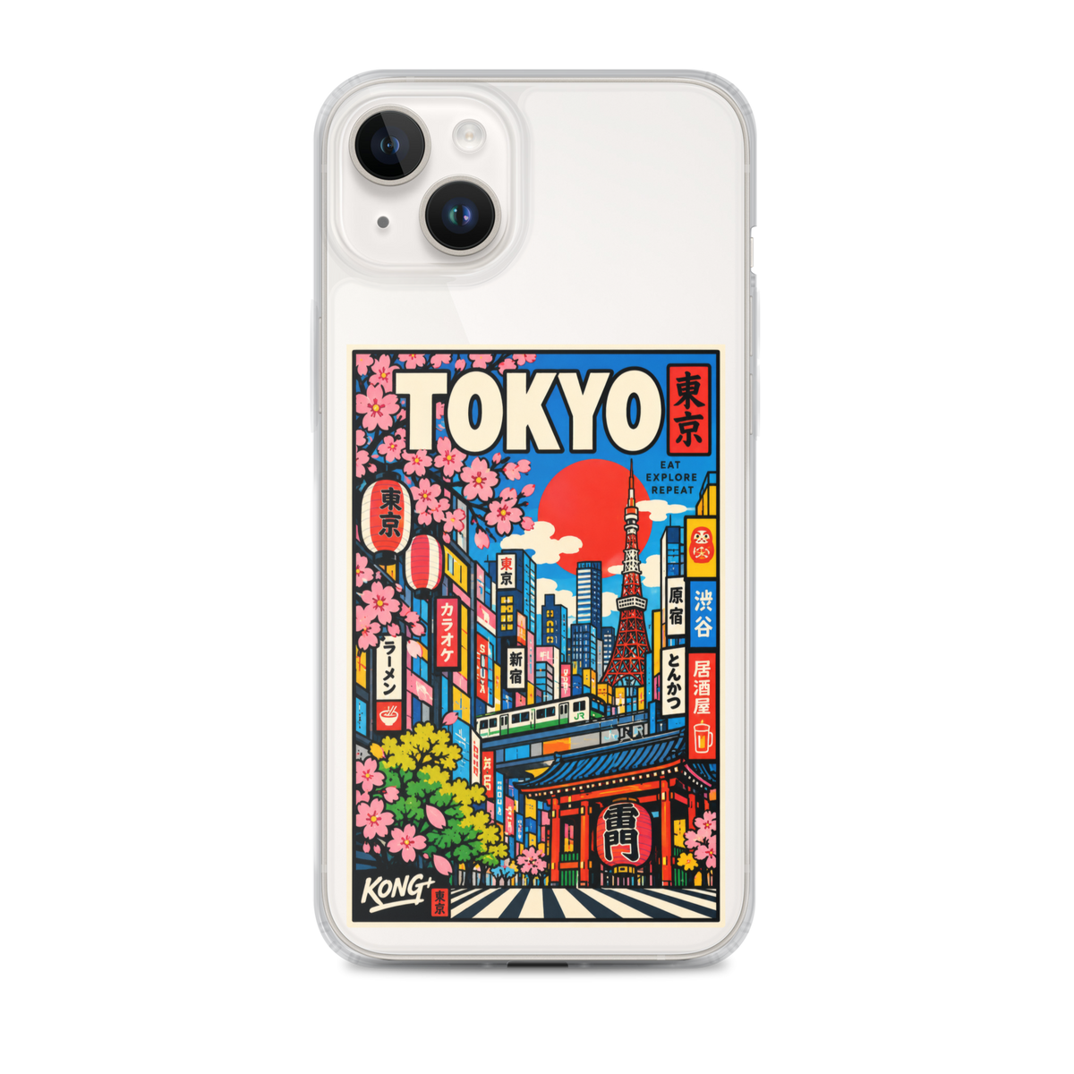 KONG+ Tokyo Japanese city pop art design on a clear iPhone case, featuring Tokyo Tower, cherry blossoms, colourful city buildings and traditional Japanese architecture.