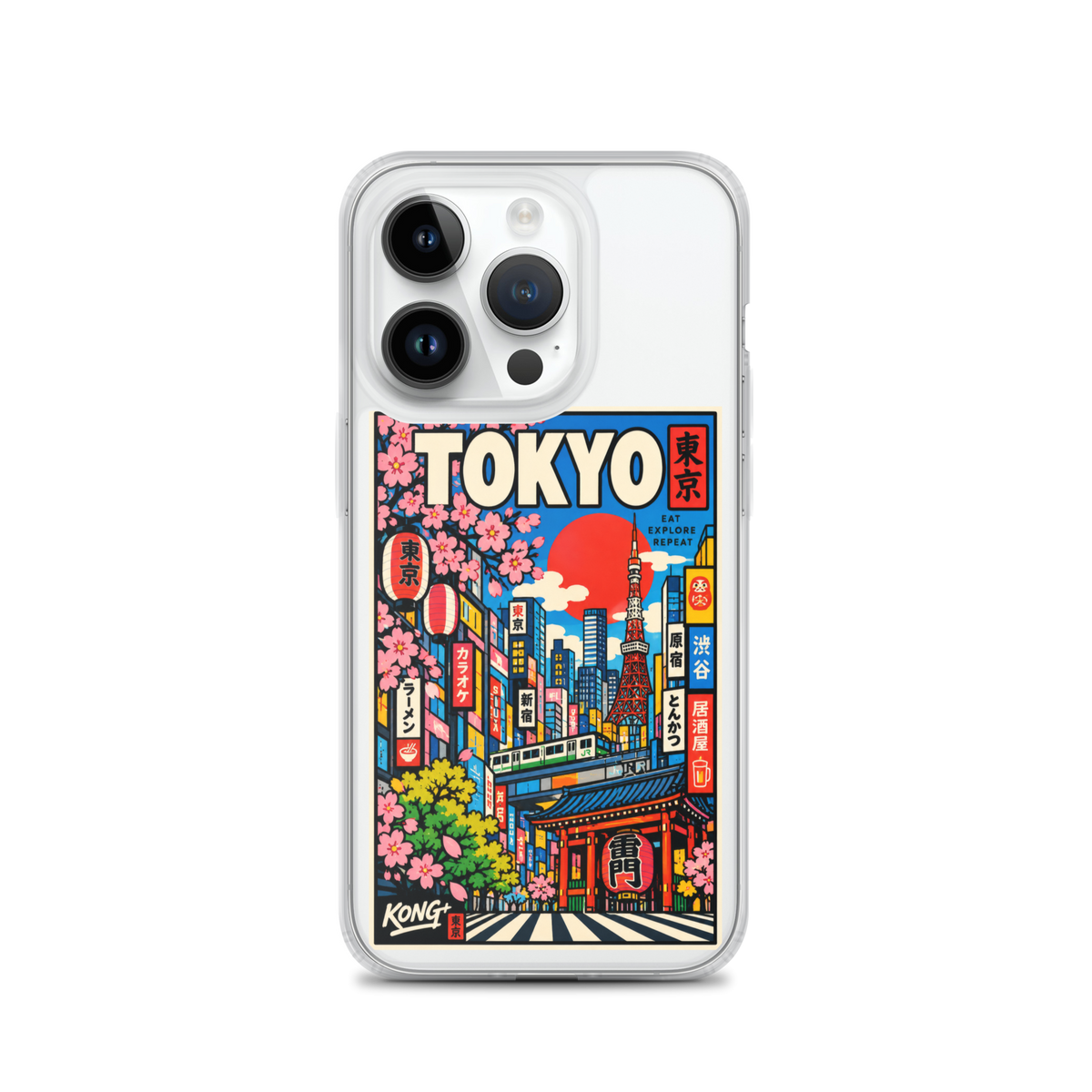KONG+ Tokyo Japanese city pop art design on a clear iPhone case, featuring Tokyo Tower, cherry blossoms, colourful city buildings and traditional Japanese architecture.