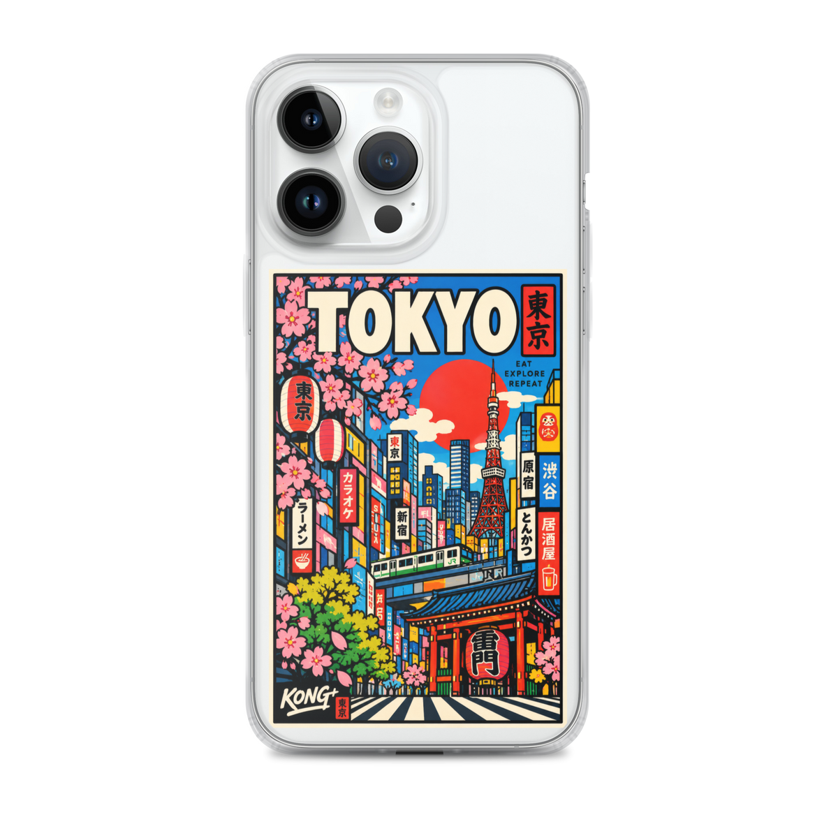 KONG+ Tokyo Japanese city pop art design on a clear iPhone case, featuring Tokyo Tower, cherry blossoms, colourful city buildings and traditional Japanese architecture.